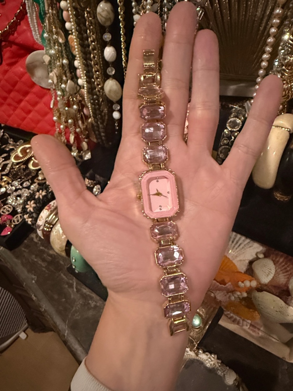 Gold-Tone Pink Crystal Bracelet Watch - Women's Fashion Accessory